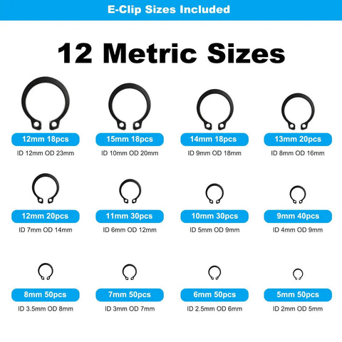 Industrial Grade Black Carbon Steel C Clips And E Clips Kit With 840 Pieces External Retaining Snap Rings For Automotive, Machinery, And Home Repairs Built Tough For Heavy Duty Vibration, Heat, And Corrosion Resistance. 12 metric E-clip sizes