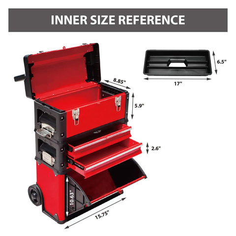 Portable Rolling Garage Tool Organizer Cart With 3 Drawers, Stackable Upright Toolbox In Steel And Plastic, dimensions shown
