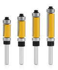 Four Piece Flush Trim Router Bit Set With One Quarter Inch Shank And Dual Bearings for precise laminate trimming.