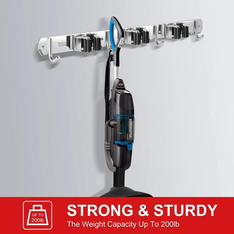 Two Pack Wall Mounted Broom And Mop Holder Set Stainless Steel Stick On Heavy Duty Hooks Storage Organizer with vacuum holder
