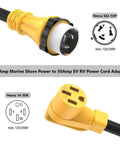 Heavy Gauge 50 Amp Twist Lock Converter Nema Ss2-50P To 14-50R Marine Rv Adapter with yellow connectors and black cable.