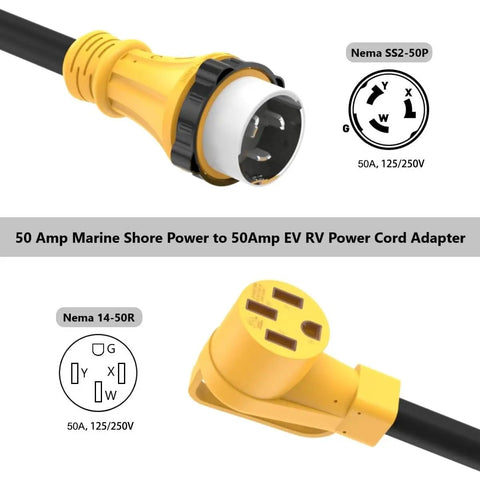 Heavy Gauge 50 Amp Twist Lock Converter Nema Ss2-50P To 14-50R Marine Rv Adapter with yellow connectors and black cable.