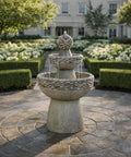 Outdoor Three Tier Zen Style Pedestal Water Fountain With Stone Trim And Pump Two Point Six Four Gallon Capacity Stone Gray Backyard Water Feature Durable Weatherproof For Patio Or Garden With Quiet Pump And Low Maintenance