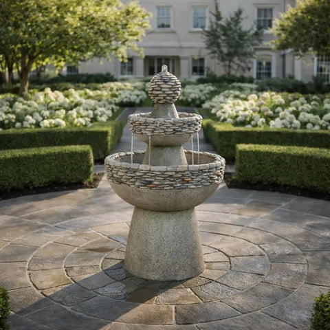Outdoor Three Tier Zen Style Pedestal Water Fountain With Stone Trim And Pump Two Point Six Four Gallon Capacity Stone Gray Backyard Water Feature Durable Weatherproof For Patio Or Garden With Quiet Pump And Low Maintenance