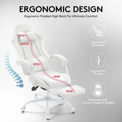 White Gaming Chair With Footrest And Massage Lumbar Support Gel Pad Ergonomic Reclining PU Leather Gamer Chair With Headrest.