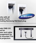 Recessed In Wall Cable Management Kit for wall mounted TV and sound bar shown with dual power outlets and Samsung plug