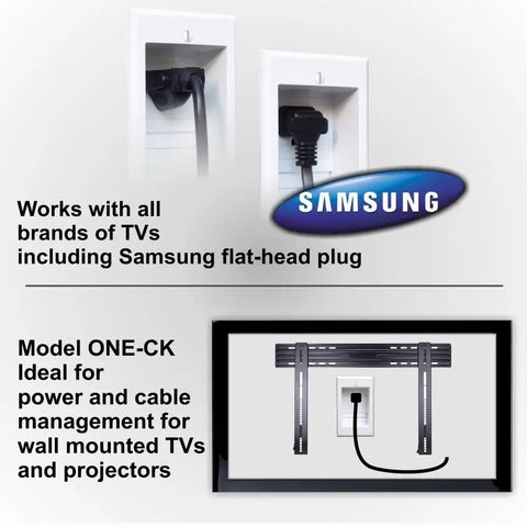 Recessed In Wall Cable Management Kit for wall mounted TV and sound bar shown with dual power outlets and Samsung plug