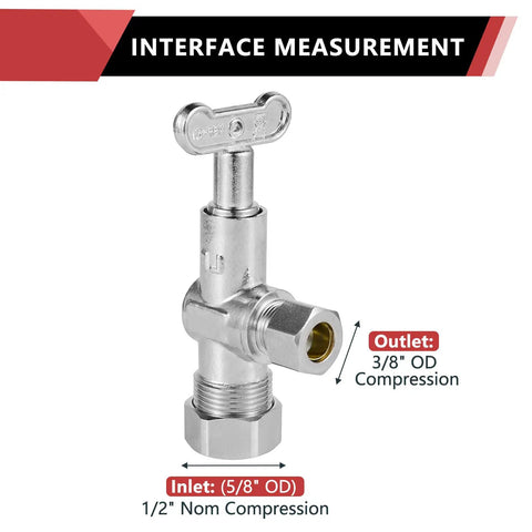 Bulk 100 Pack One Quarter Turn Angle Stop Valves With Loose Control Key DIY Friendly For Home Plumbing One Half Inch Compression To Three Eighth Inch OD, 3/8" OD outlet