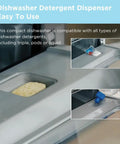 No Sweat Countertop Dishwasher Featuring A 1.59 Gal Built In Water Tank And Five Plus Two Smart Wash Cycles Plug And Go Setup Perfect For Tiny Kitchens And Dorms Getting Dishes Cracked Soon showing easy-to-use detergent dispenser for pods and liquid.