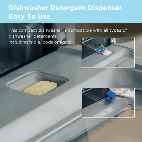 No Sweat Countertop Dishwasher Featuring A 1.59 Gal Built In Water Tank And Five Plus Two Smart Wash Cycles Plug And Go Setup Perfect For Tiny Kitchens And Dorms Getting Dishes Cracked Soon showing easy-to-use detergent dispenser for pods and liquid.