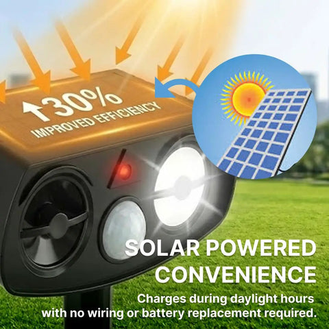 Solar Ultrasonic Animal Repeller Outdoor With Motion Sensor PIR Auto Deterrent For Yard And Garden LED Flashing Light Weatherproof 2 Pack Keeps Pests And Critters At Bay No Fuss Hands Free, solar panel close-up