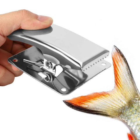 Front view of Drfeify stainless steel fish fillet clamp with built-in spring for cleaning and filleting