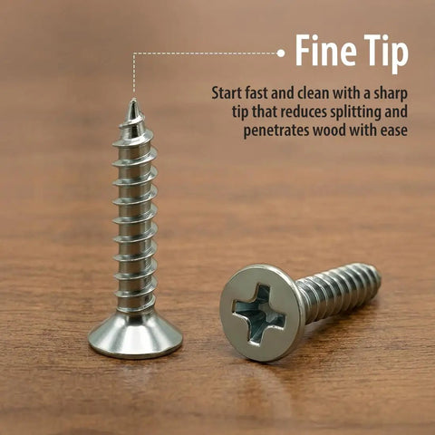 Heavy Duty Size 6 X 1/2 Inch Stainless Steel Flat Head Wood Screws showcasing fine tips for easy wood penetration and reliable grip.
