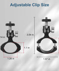 Handlebar Bike Pole Mount Kit With 360 Degree Ball Head For Action Cameras, adjustable clip size dimensions shown