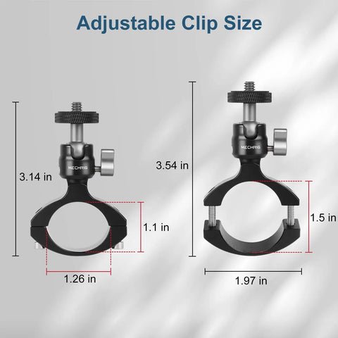 Handlebar Bike Pole Mount Kit With 360 Degree Ball Head For Action Cameras, adjustable clip size dimensions shown