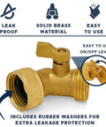 Solid Brass Garden Hose Elbow 45 Degree Bend Three Quarter Inch FHT And Three Quarter Inch MHT With On Off Shutoff Valve And Swivel Connection, Leakproof Water Hose Fittings Includes Tape And Two Extra Washers For Easy No Fuss Setup. Brass hose elbow with shutoff valve and washers