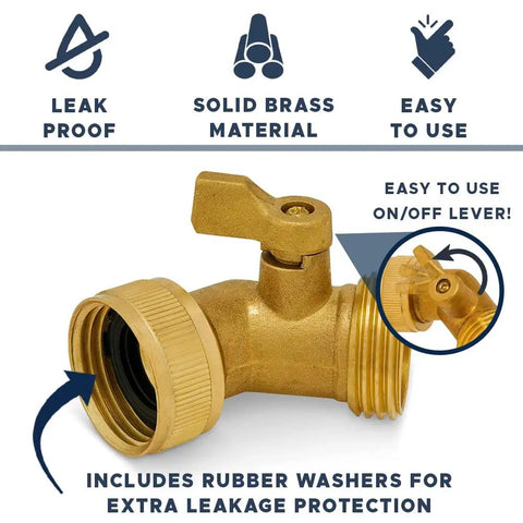 Solid Brass Garden Hose Elbow 45 Degree Bend Three Quarter Inch FHT And Three Quarter Inch MHT With On Off Shutoff Valve And Swivel Connection, Leakproof Water Hose Fittings Includes Tape And Two Extra Washers For Easy No Fuss Setup. Brass hose elbow with shutoff valve and washers