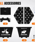 Collapsible 23 Inch Wood Burning Fire Pit accessories including tote bag and assembly components for camping and patio.