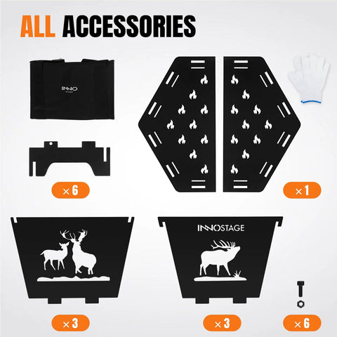 Collapsible 23 Inch Wood Burning Fire Pit accessories including tote bag and assembly components for camping and patio.