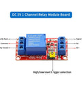 DC 5V 1 Channel Relay Module Board with high or low level trigger, showing Normally Open, Normally Closed, Common, and connections.