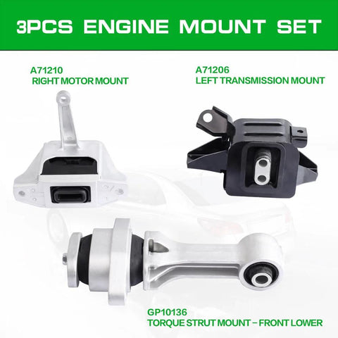 Engine Mount Kit For Hyundai Elantra And Elantra GT 2017-2020 1.4T 1.6T 2.0L And 2018-2020 Elantra GT 1.6T 2.0L 3 Piece Direct Fit OE Replacement Beefed-Up Build, showcasing three mounts with front lower torque strut, right motor, and left transmission mounts.