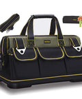 17 Inch Wide Mouth Tool Bag With Waterproof Molded Base, Heavy Duty Tool Tote, shown with shoulder strap and pocket details.