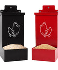 No Sweat Auto Fill Metal Chicken Grit Feeder Slick Oyster Shell Dispenser With Tight Lid, black and red, showing stored grain.