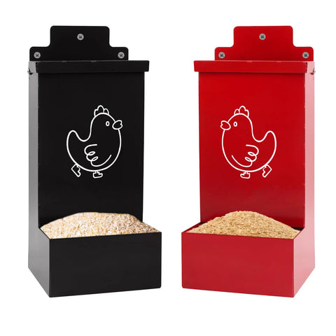 No Sweat Auto Fill Metal Chicken Grit Feeder Slick Oyster Shell Dispenser With Tight Lid, black and red, showing stored grain.
