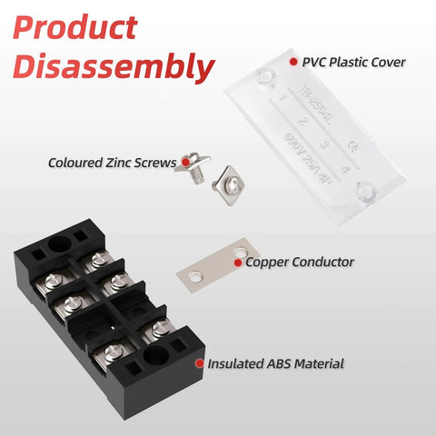 15A Screw Terminal Block 4P 5P 6P Dual Row Covered 600V Pre Insulated Barrier Strips showing disassembled PVC cover and components