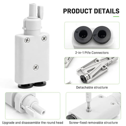 Detachable 2 In 1 PTFE Adapter For Bambu Lab A1 A1 Mini 3D Printers, white PTFE connectors, screw-fixed structure.