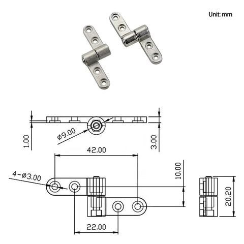 2 pcs silver 360-degree flip-stop torque shaft hinges, right-hand, front view