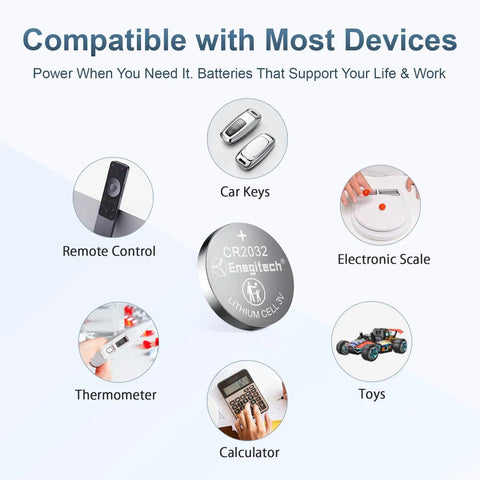Image showing compatible devices for Top Shelf CR2032 Batteries Six Pack workhorse lithium coin cells including car keys, remote control, and toys.