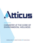 Atticus logo with text 'Chemistry at the Core of Environmental Wellness', featuring herbicides, insecticides, fungicides categories.