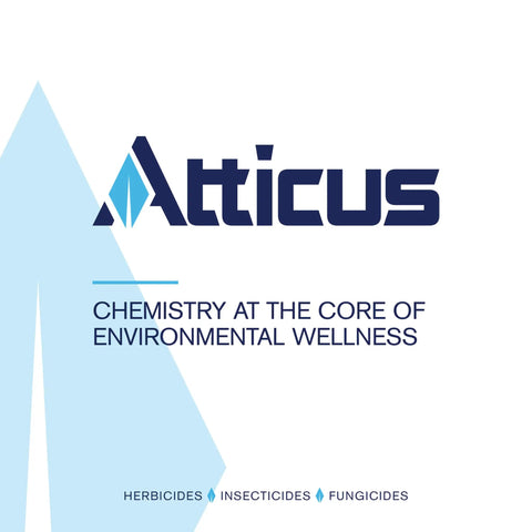 Atticus logo with text 'Chemistry at the Core of Environmental Wellness', featuring herbicides, insecticides, fungicides categories.