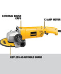 Beefy 7 Inch Corded Angle Grinder With 13 Amp Motor Delivers 8000 RPM High Power To Weight Ratio Workhorse Tool Spark Control Guard DW840