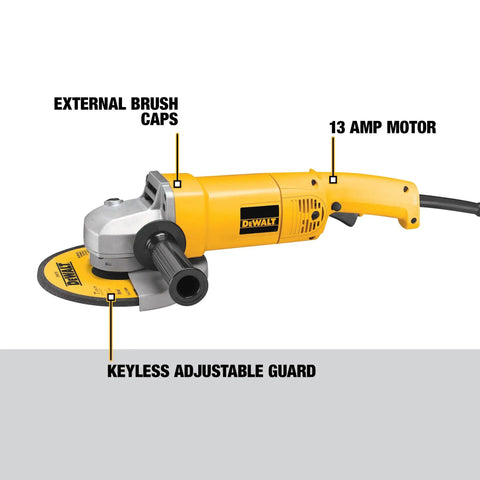 Beefy 7 Inch Corded Angle Grinder With 13 Amp Motor Delivers 8000 RPM High Power To Weight Ratio Workhorse Tool Spark Control Guard DW840