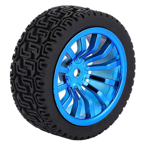 Black tire with blue alloy wheel for DC 6V Encoder Gear Motor Kit With Mounting Bracket And 65mm Wheel Kit, detailed view.
