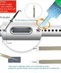 Rechargeable Broken Screw Extractor Kit Featuring Four Precision Grinding Heads For Stripped iPhone And Laptop Repair Tools Portable Electronics Fixing Collection No Sweat Straight Up Game Changer showing instructions for use with blades and circuit details.