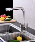 Brushed el Kitchen Faucet with 360° SwivelDual Handle Drinking Water Filter TapDeck Mounted Sink Mixer3-Way in a modern kitchen setting.