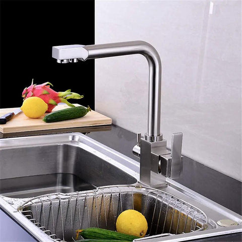 Brushed el Kitchen Faucet with 360° SwivelDual Handle Drinking Water Filter TapDeck Mounted Sink Mixer3-Way in a modern kitchen setting.