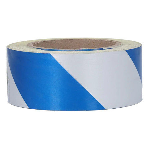Roll of blue and white Two-Pack Safety Warning Stripe Tape 2-Inch By 98-Foot High-Visibility Self-Adhesive Floor Marking Tape