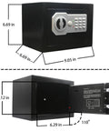 Digital Keypad Security Safe Lock Box For Home Office And Hotel Use Secure Cash Jewelry Storage Easy Password Access Emergency Spare Key Black 0.2 Cu Ft showing front and open views with dimensions