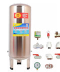Heavy Duty Steel Vertical Well Water Pressure Tank With 79 Gallon Pre Charged Bladder and No Sweat Mounting Kit displayed with accessories.