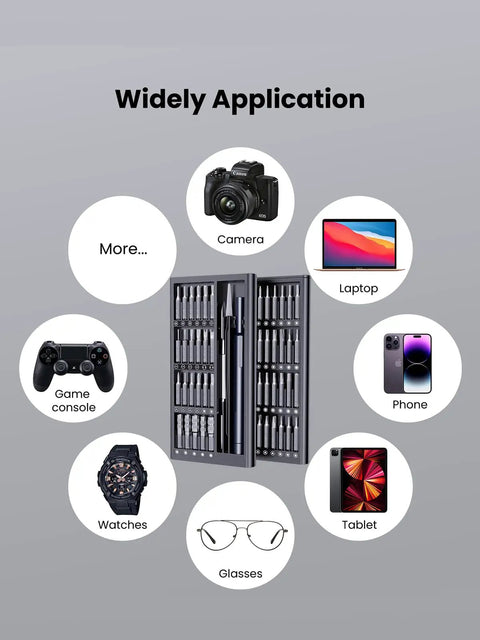 50-In-1 Magnetic Screwdriver Set With 47 Bits displayed with devices like camera, laptop, phone, watches, and more for repairs.