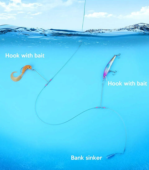 Catfish Fishing Leader High Low Rig With Double Drop Wire Leader And Snap Swivel Stainless Steel, hooks and bait underwater