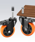 Industrial Grade 4 Inch Caster Wheels With Threaded Stem Swivel Brakes showing orange wheels and brakes attached to a wooden cart.