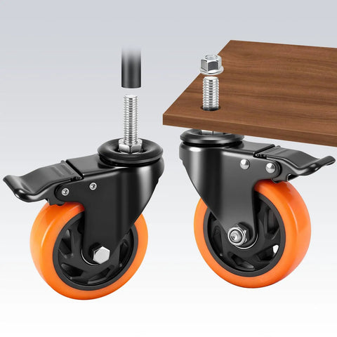 Industrial Grade 4 Inch Caster Wheels With Threaded Stem Swivel Brakes showing orange wheels and brakes attached to a wooden cart.