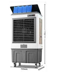 Heavy Duty Portable Evaporative Air Cooler With Three Speed Settings And Built In Water Tank For Garage Or Workshop, side view with dimensions.