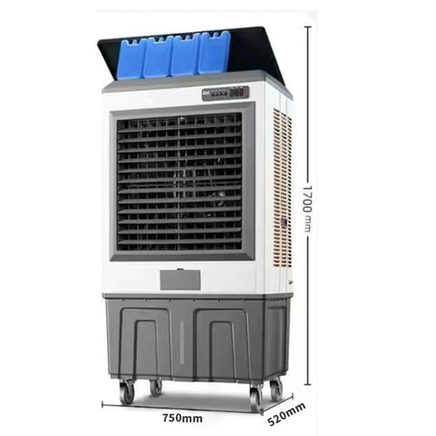 Heavy Duty Portable Evaporative Air Cooler With Three Speed Settings And Built In Water Tank For Garage Or Workshop, side view with dimensions.