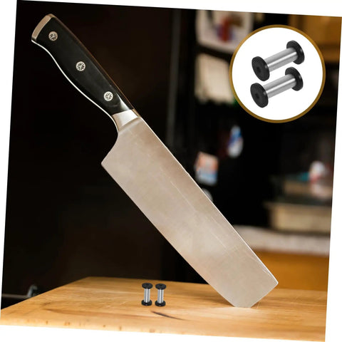 Heavy Duty Stainless Steel Bindery Rivets And Self Tapping Metal Handle Screws For Knockout DIY Crafts And Leather Work Built Like A Tank With Badass Grip Corrosion Resistant Hardware That Lasts Forever with knife on a cutting board.